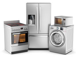 Home appliances. Group of silver refrigerator, washing machine, electric stove, microwave oven isolated on white background 3d